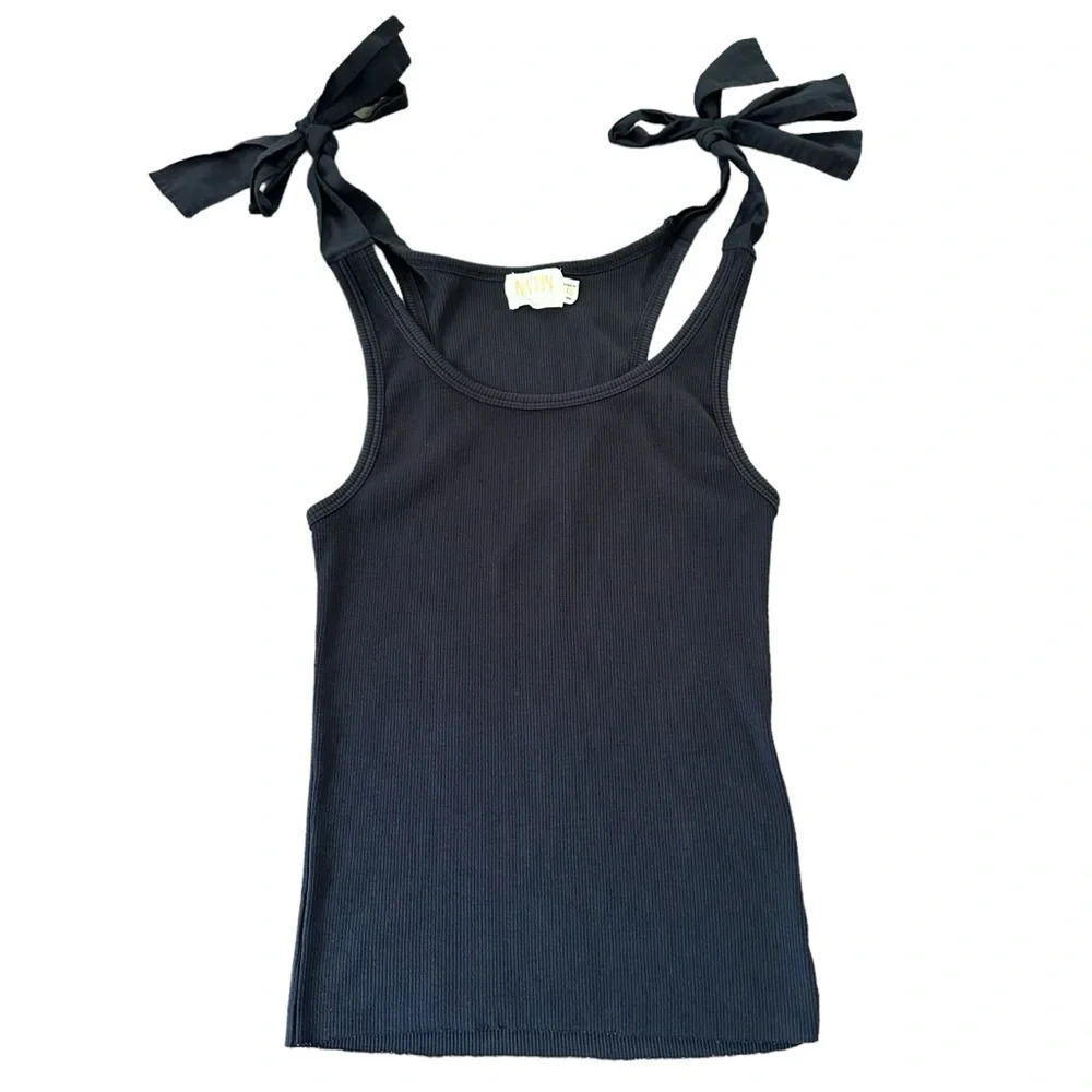Nation Ltd XS Black Ribbed Tie Shoulder Tank Top Coquette Stretchy Cotton Summer